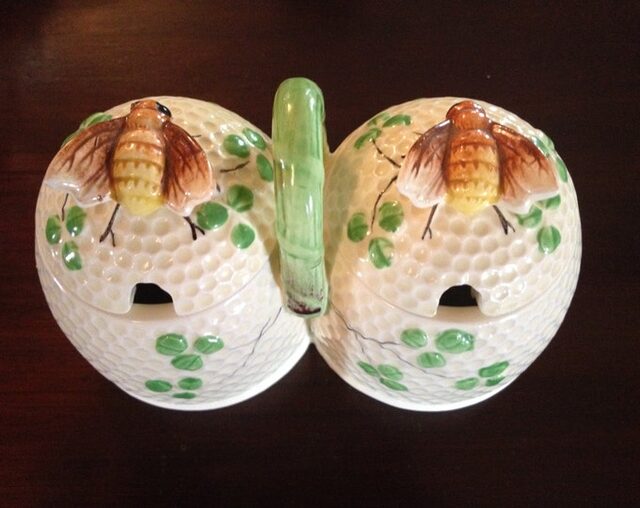 Vintage AES Honey Bee covered double honey and jam jars