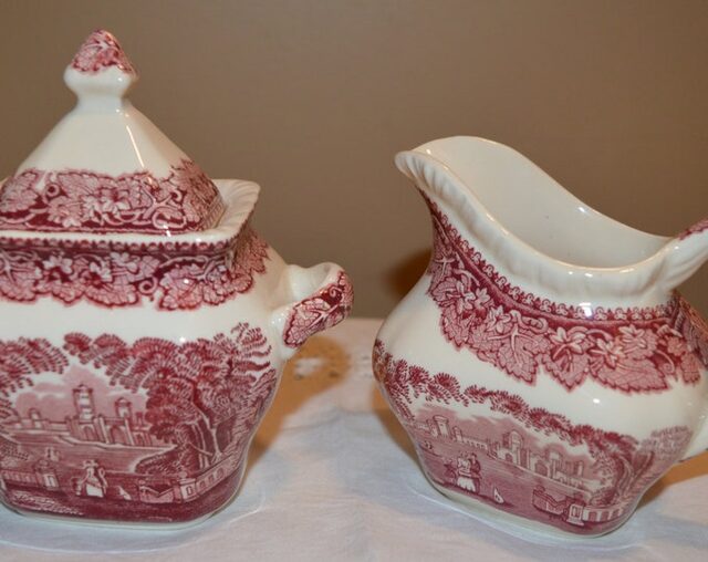 Mason's Vista pink and white transferware sugar bowl and creamer set