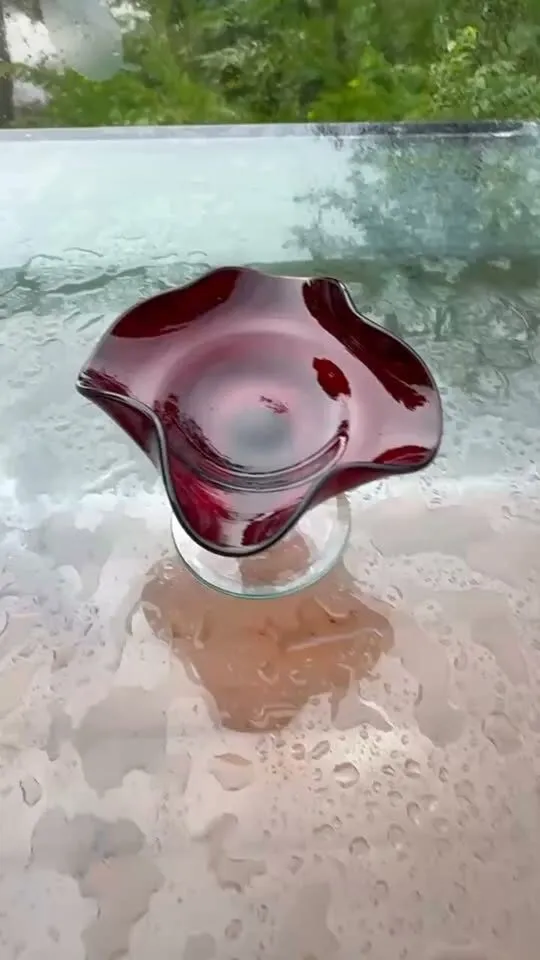 Vintage MCM Ruby Red Ruffled Art Glass Pedestal Candy Dish - photo 1
