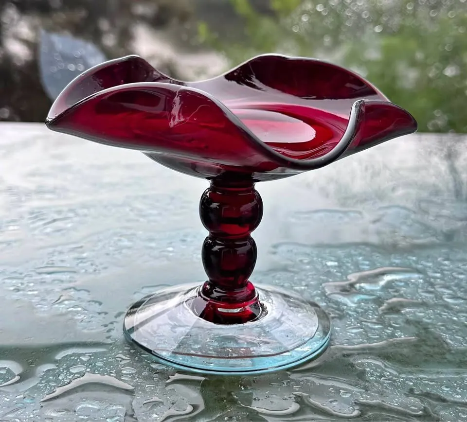 Vintage MCM Ruby Red Ruffled Art Glass Pedestal Candy Dish - photo 2
