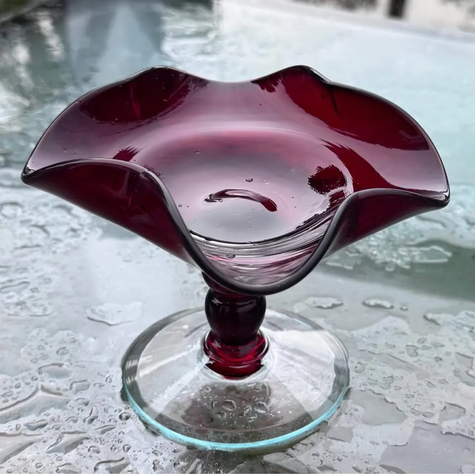 Vintage MCM Ruby Red Ruffled Art Glass Pedestal Candy Dish - photo 6