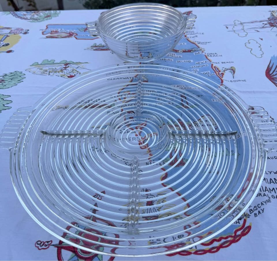 Vintage Art Deco Anchor Hocking Manhattan Glass Set - Large Divided Tray & Bowl - photo 4