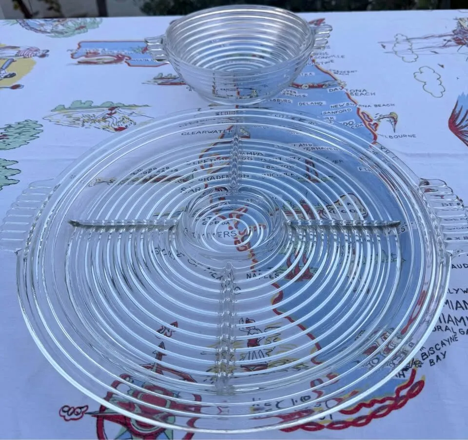 Vintage Art Deco Anchor Hocking Manhattan Glass Set - Large Divided Tray & Bowl - photo 4