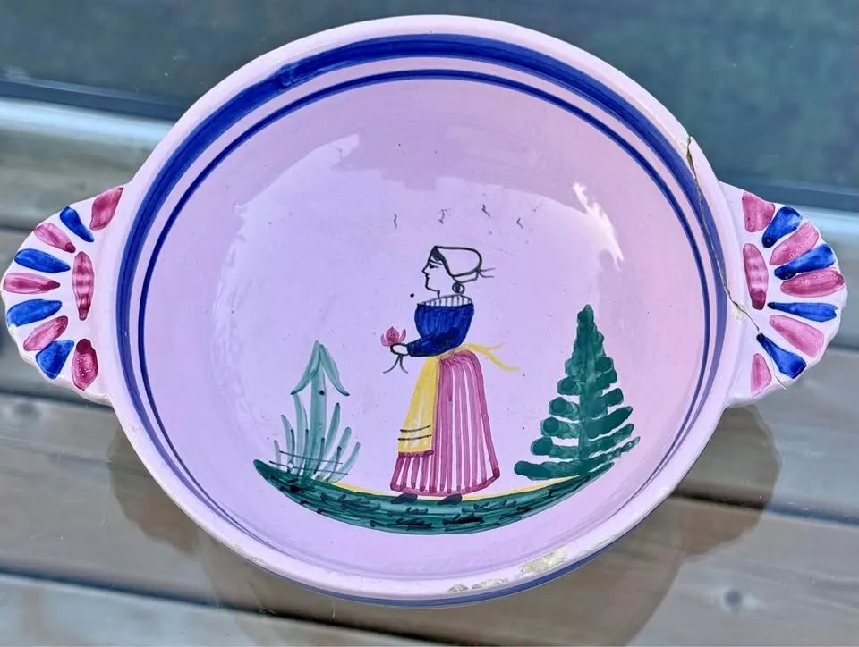 Rare Vintage Pink HB Quimper French Bowl (Pre-WWII / Repair Project) - photo 1
