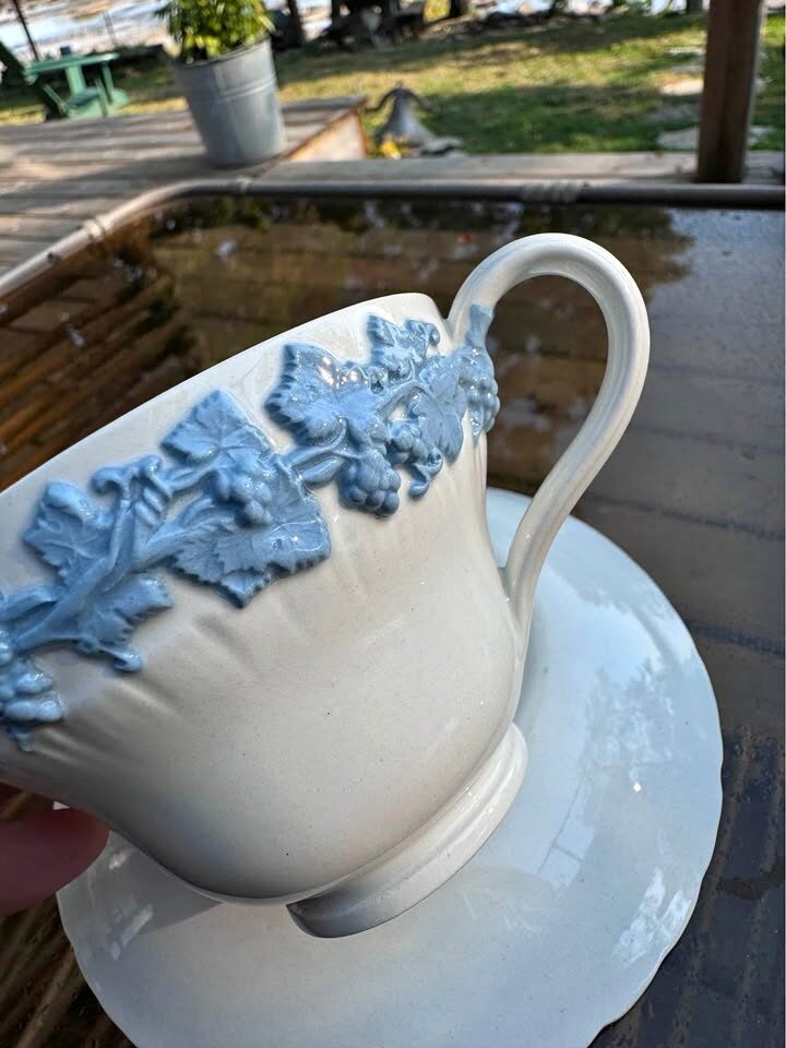 Vintage Wedgwood Embossed Queen’s Ware Blue & White Cup and Saucer - Made in England - photo 1