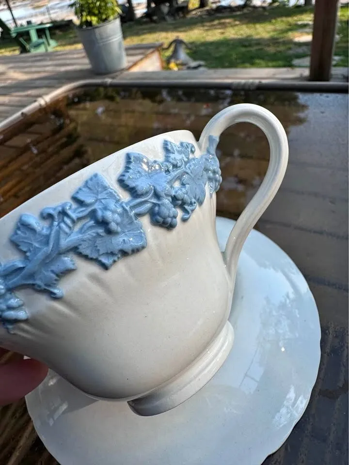 Vintage Wedgwood Embossed Queen’s Ware Blue & White Cup and Saucer - Made in England - photo 1