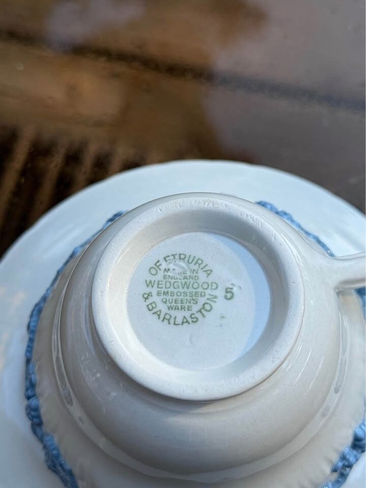 Vintage Wedgwood Embossed Queen’s Ware Blue & White Cup and Saucer - Made in England - photo 2