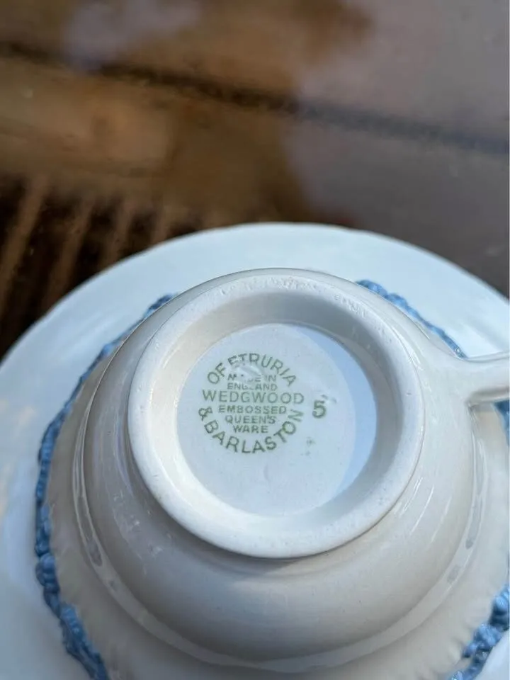 Vintage Wedgwood Embossed Queen’s Ware Blue & White Cup and Saucer - Made in England - photo 2