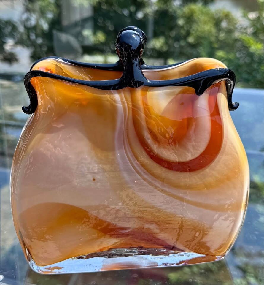 7" Amber Art Glass Purse Vase Heavy/Hand-Blown - photo 2