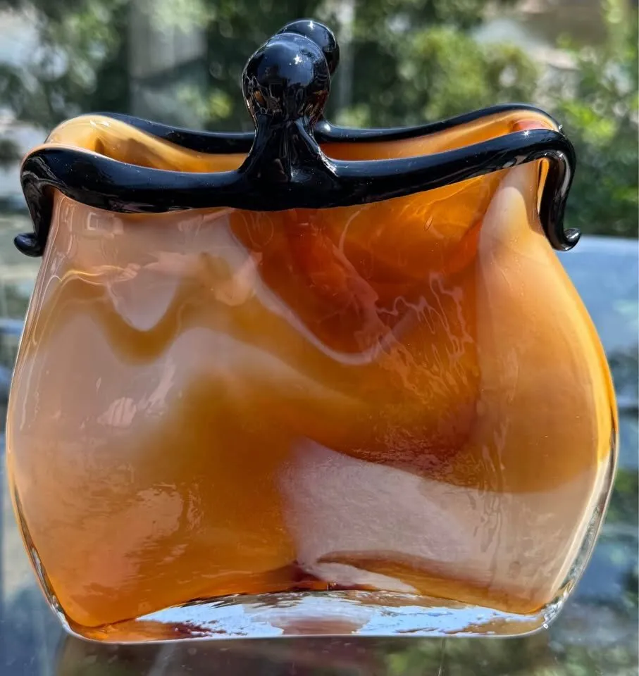 7" Amber Art Glass Purse Vase Heavy/Hand-Blown - photo 5