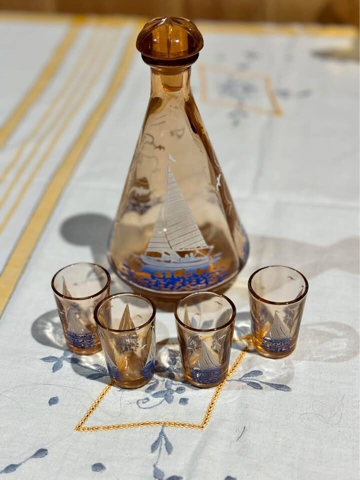Amber French Glass Decanter & Cups Set - Nautical Sailboat Design