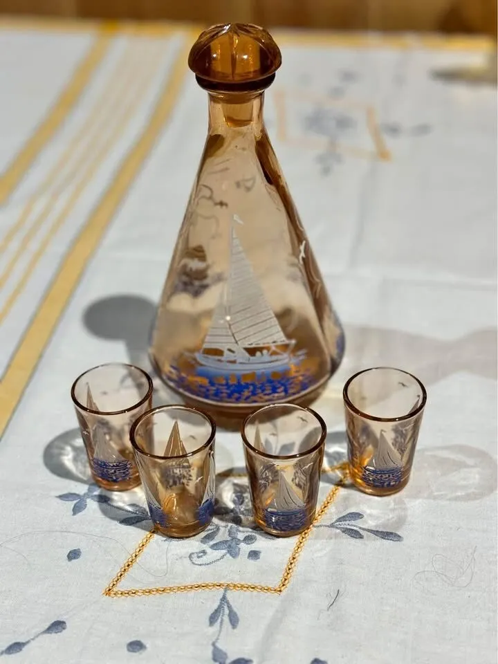 Amber French Glass Decanter & Cups Set - Nautical Sailboat Design - photo 1