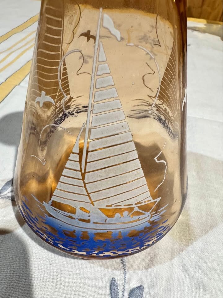 Amber French Glass Decanter & Cups Set - Nautical Sailboat Design - photo 2