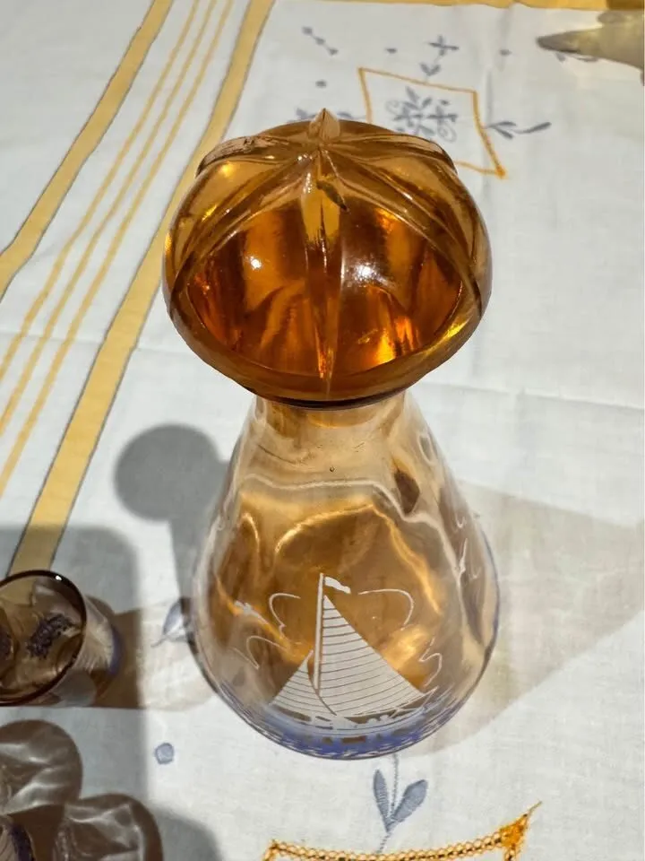 Amber French Glass Decanter & Cups Set - Nautical Sailboat Design - photo 3