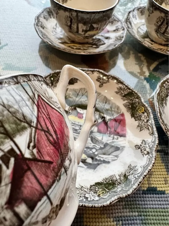Vintage Johnson Bros Friendly Village Tea Cups & Saucers Set of 4 Made in England, Ice House - photo 4