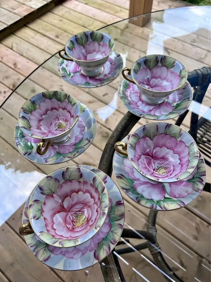 Vintage Ucagco Occupied Japan Peony Tea Set (5 Cups & Saucers) - Excellent Condition". - photo 1