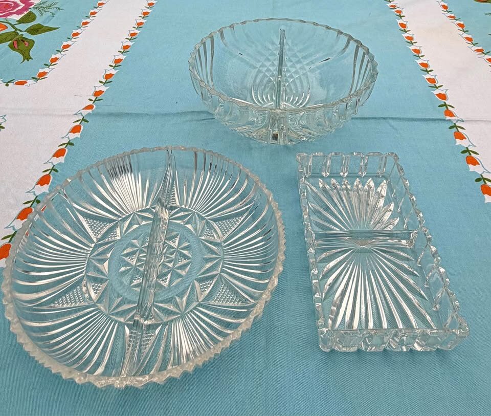 Vintage Clear Pressed Glass Divided Serving Dish Lot (3 Pieces) - photo 1