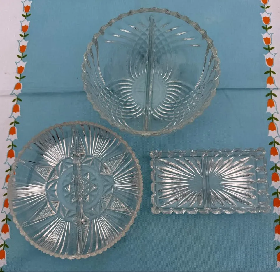 Vintage Clear Pressed Glass Divided Serving Dish Lot (3 Pieces) - photo 2