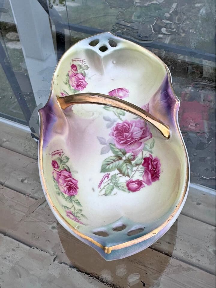 VINTAGE IPF GERMANY Candy Dish w Handle Gold Trim handpainted