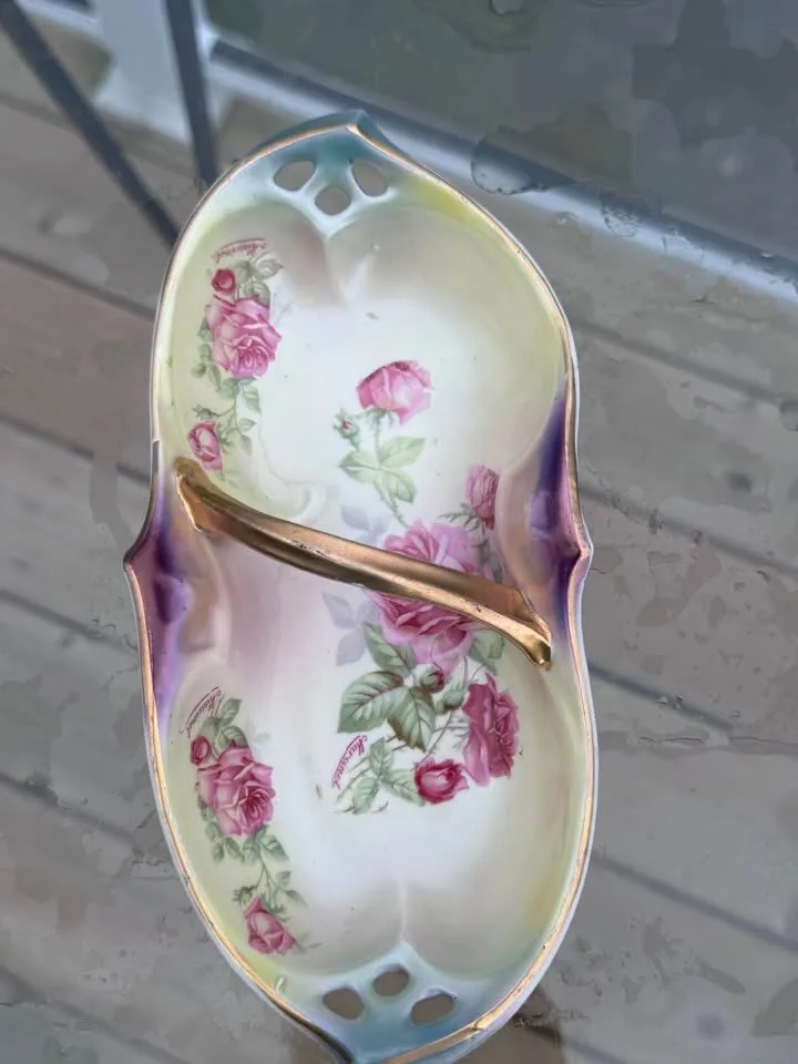 VINTAGE IPF GERMANY Candy Dish w Handle Gold Trim handpainted - photo 2