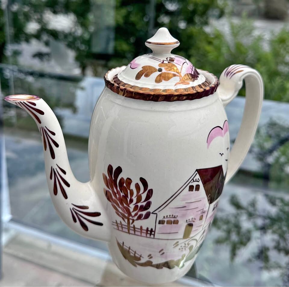 1940s Gray’s Pottery Teapot / Coffee Pot - Pink & Copper Lustre "Dutch Farmhouse" A8321 - photo 1