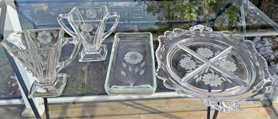Vintage Indiana Glass 4-Piece Hostess Set - Etched Cornflower Pattern (Great Condition) - photo 1