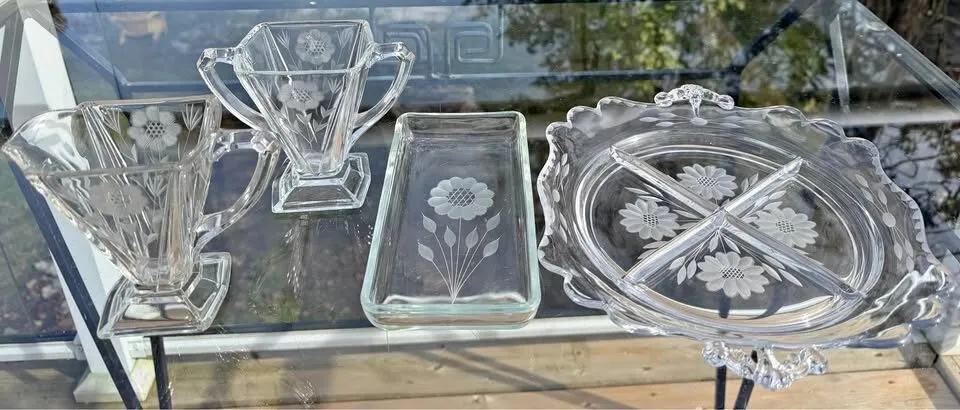 Vintage Indiana Glass 4-Piece Hostess Set - Etched Cornflower Pattern (Great Condition) - photo 1