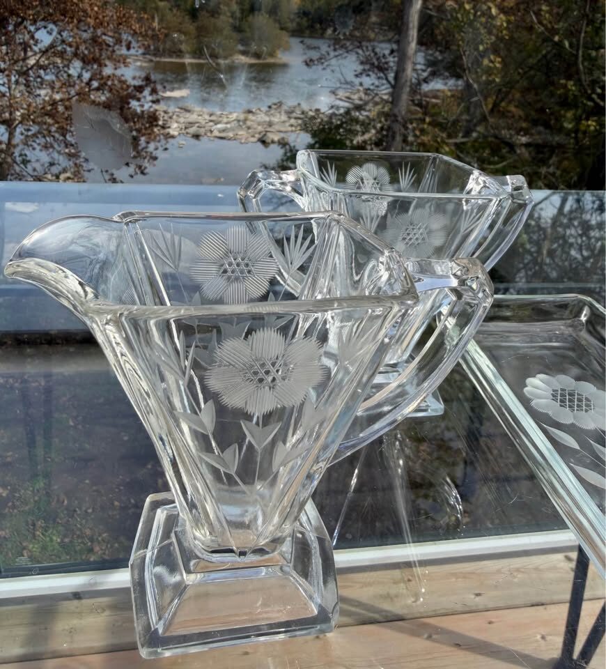 Vintage Indiana Glass 4-Piece Hostess Set - Etched Cornflower Pattern (Great Condition) - photo 3