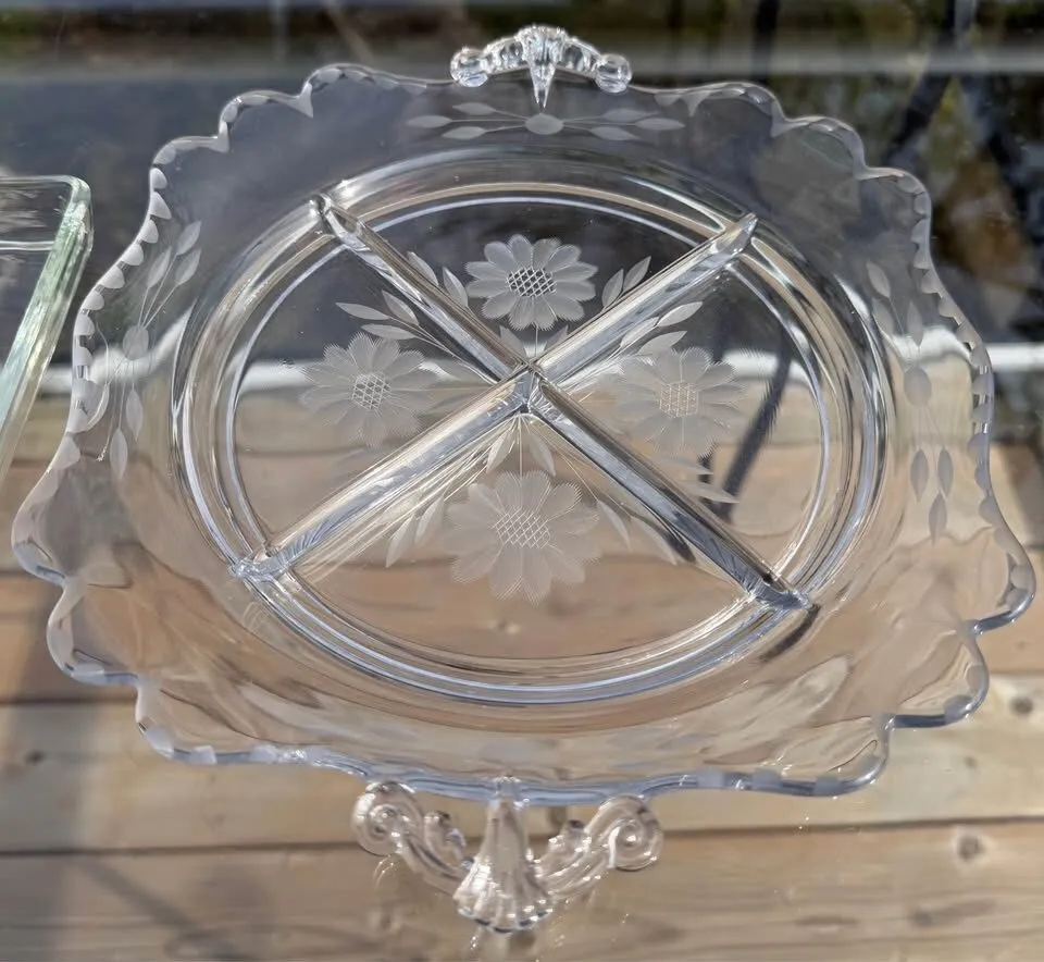 Vintage Indiana Glass 4-Piece Hostess Set - Etched Cornflower Pattern (Great Condition) - photo 5