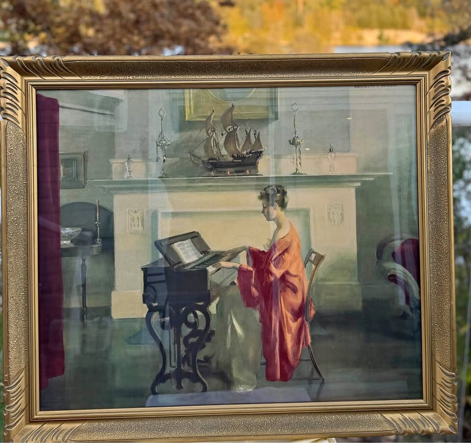 Huge 34" x 29" Vintage 1970s/1980s Framed Art Print - "At the Melodeon" - photo 1