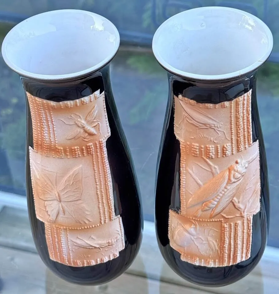 Rare & Unique Vintage Japanese Insect Relief Vases - Pair (8.5") - photo 1