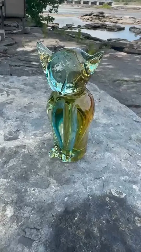 Vintage Lorraine Art Glass Cat Figurine - Rare Amber & Blue Mid-Century Canadian Glass - photo 1