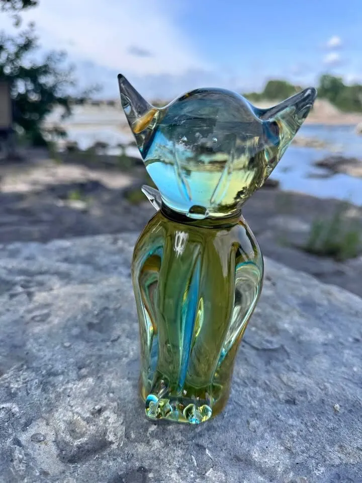 Vintage Lorraine Art Glass Cat Figurine - Rare Amber & Blue Mid-Century Canadian Glass - photo 2