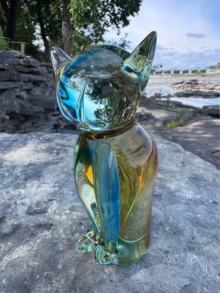 Vintage Lorraine Art Glass Cat Figurine - Rare Amber & Blue Mid-Century Canadian Glass - photo 7