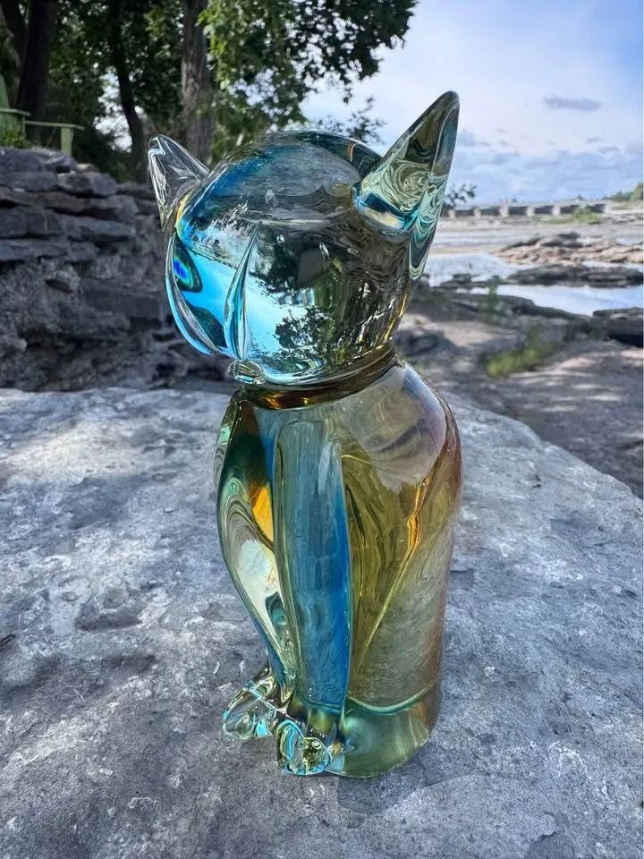 Vintage Lorraine Art Glass Cat Figurine - Rare Amber & Blue Mid-Century Canadian Glass - photo 7