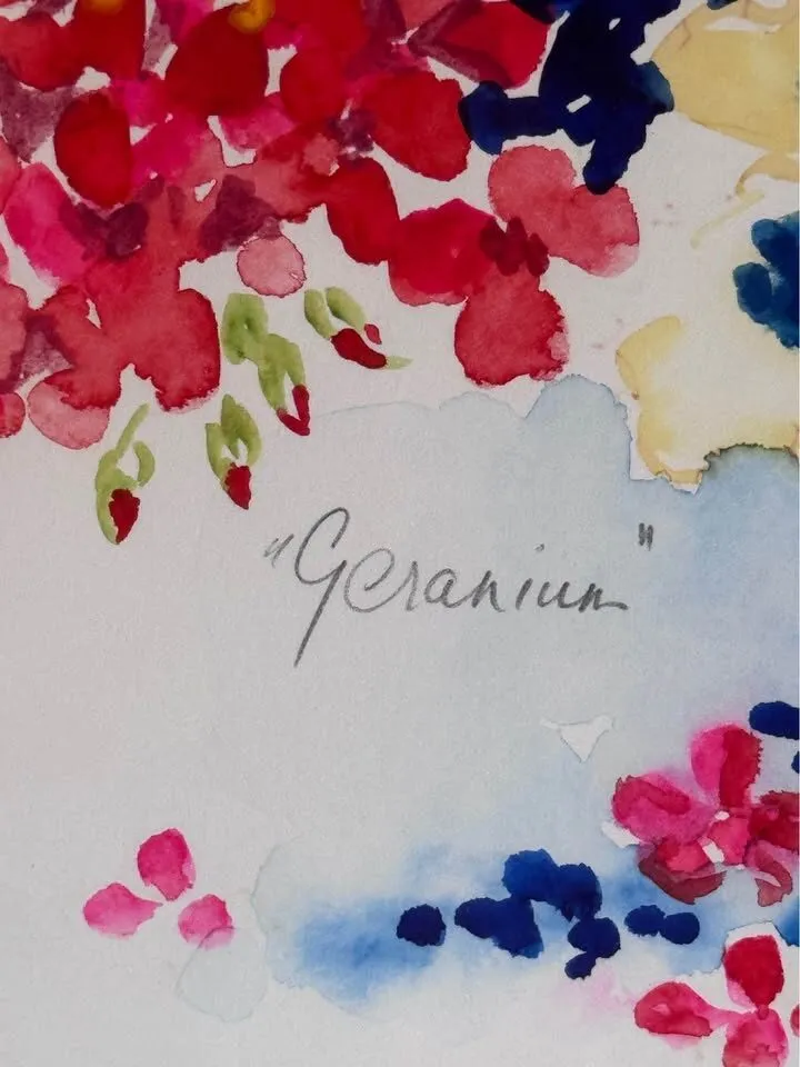 RARE ORIGINAL Angie Strauss Watercolor - "Geranium" (Framed Portfolio Piece) - photo 4