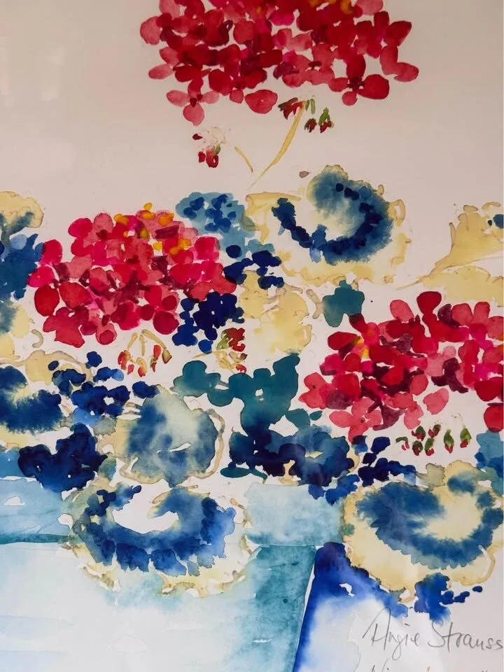 RARE ORIGINAL Angie Strauss Watercolor - "Geranium" (Framed Portfolio Piece) - photo 5