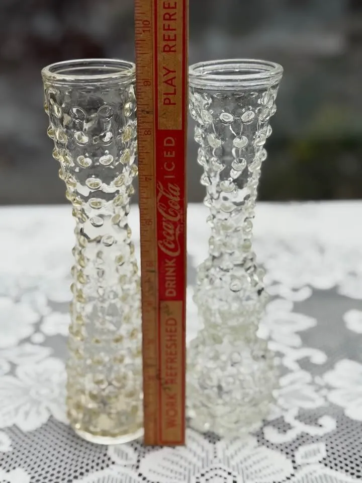 Cottagecore Clear Hobnail Glass Vases - Unique Matching Pair - photo 2
