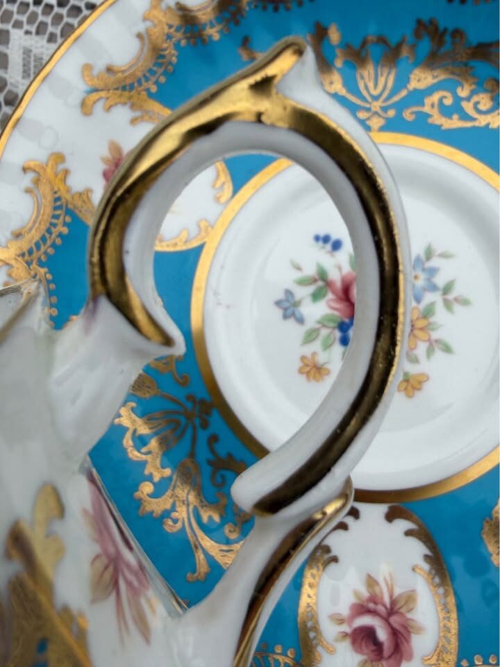 Rare 1960s Paragon Trenton Teacup Set - Turquoise and Heavy Gold Filigree Fine Bone China - photo 6