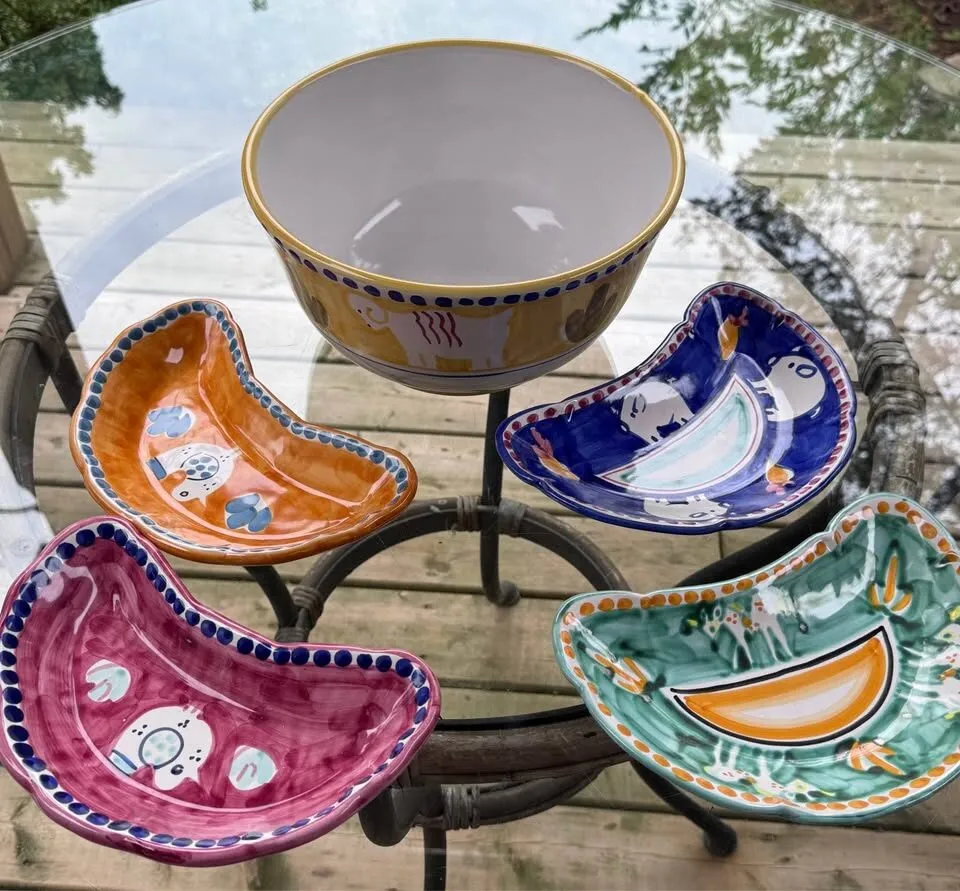 5-Pc Vintage Italian Ceramic Serving Set - Large Solimene Bowl & 4 Crescent Plates - photo 3