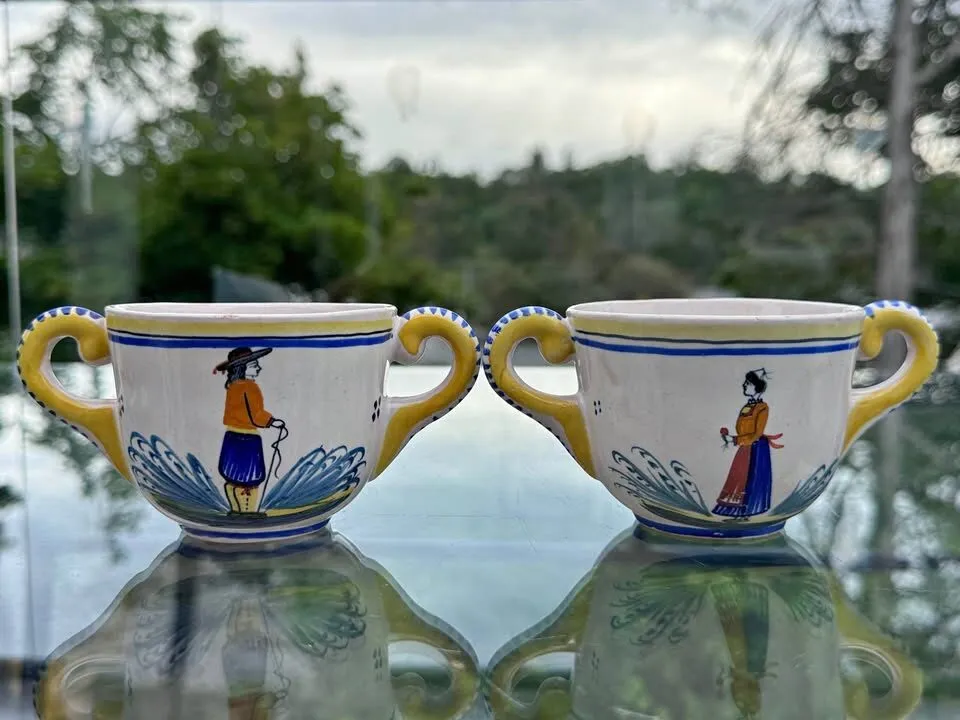 Vintage Henriot Quimper Double Handled Cups Pair - Breton Man & Woman Faience - photo 1