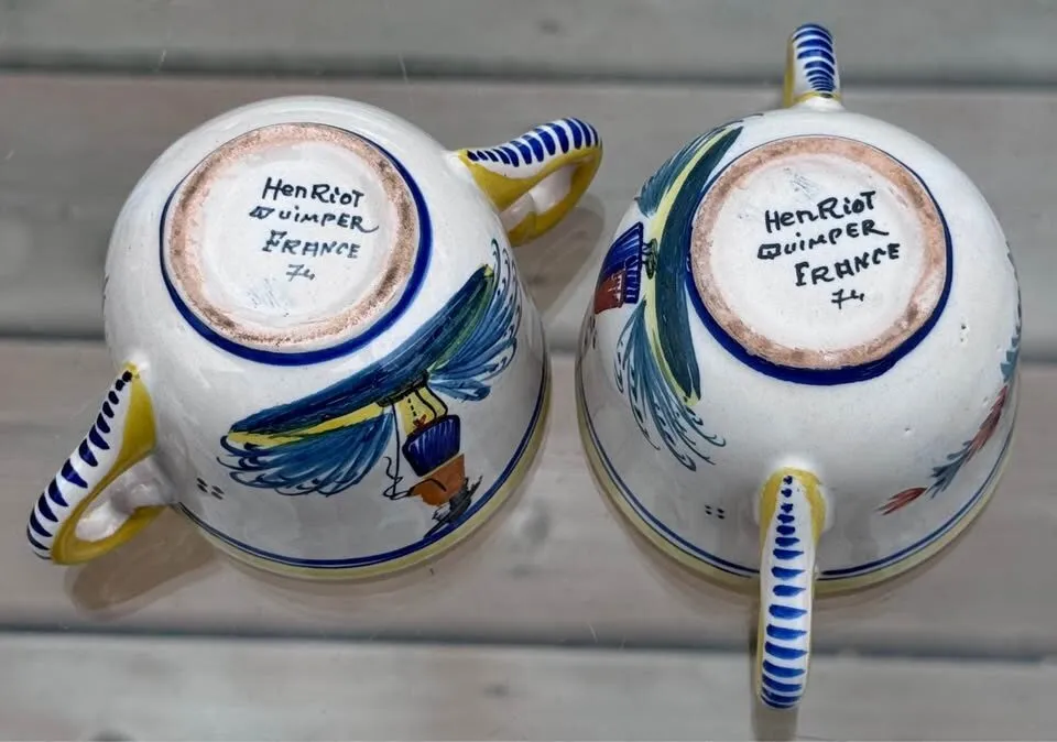 Vintage Henriot Quimper Double Handled Cups Pair - Breton Man & Woman Faience - photo 3