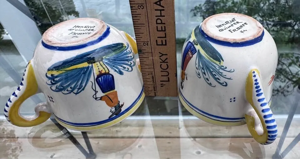 Vintage Henriot Quimper Double Handled Cups Pair - Breton Man & Woman Faience - photo 4