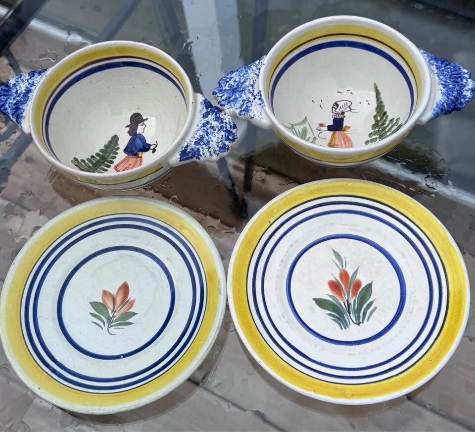 Antique Quimper 4-Pc Nested Porridge Set - Bowls & Matching Stands 1920-1930s - photo 5