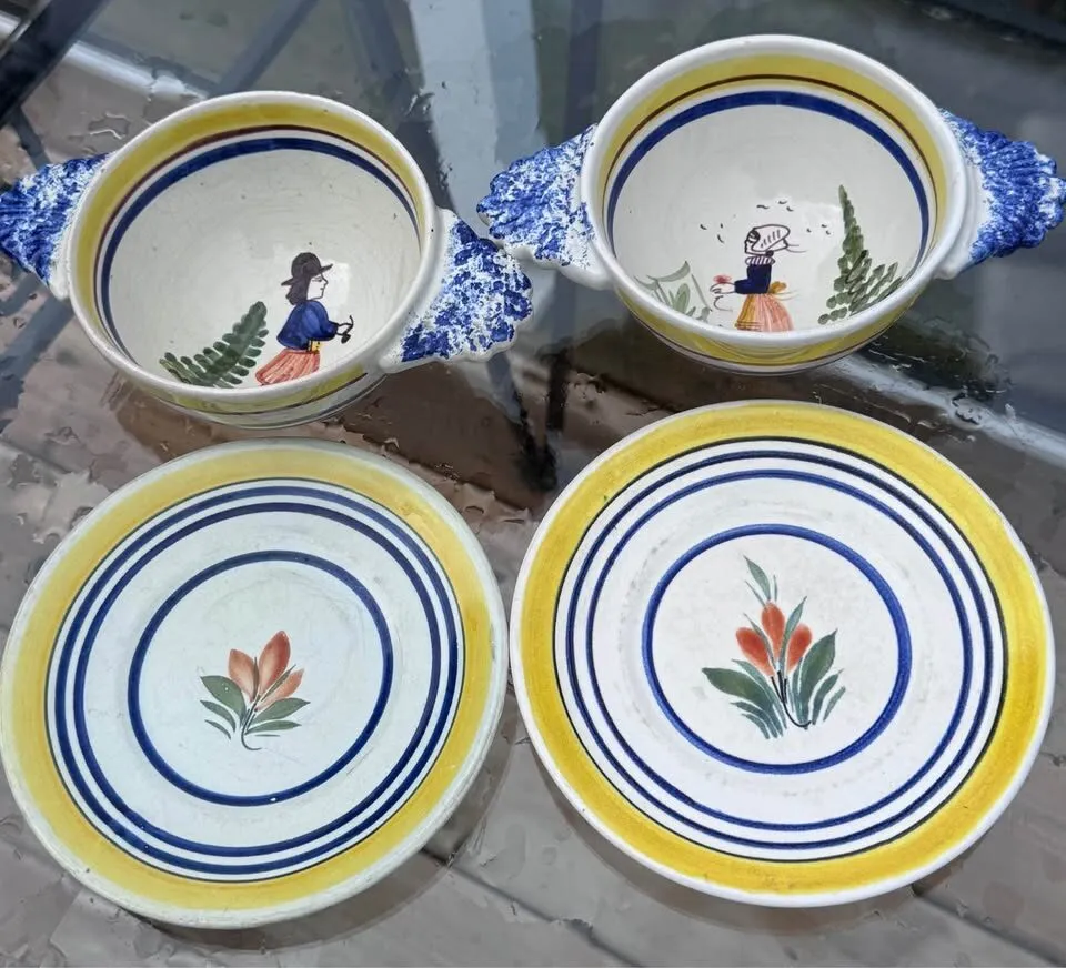Antique Quimper 4-Pc Nested Porridge Set - Bowls & Matching Stands 1920-1930s - photo 5