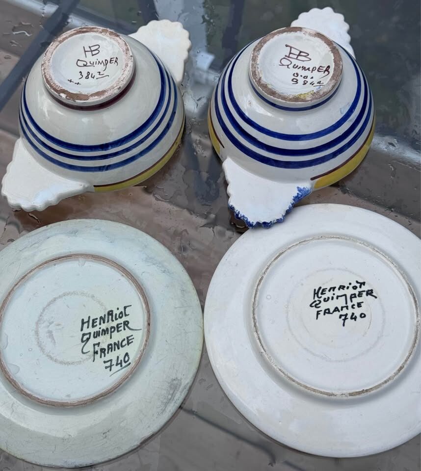 Antique Quimper 4-Pc Nested Porridge Set - Bowls & Matching Stands 1920-1930s - photo 6