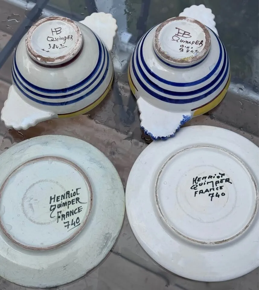 Antique Quimper 4-Pc Nested Porridge Set - Bowls & Matching Stands 1920-1930s - photo 6