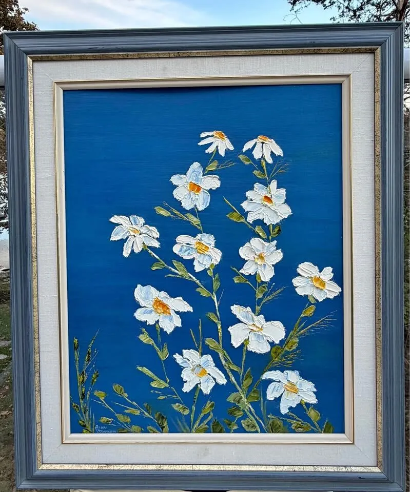Large Vintage 1970s Floral Oil Painting Signed Anna Morrison - Blue Daisies - photo 1
