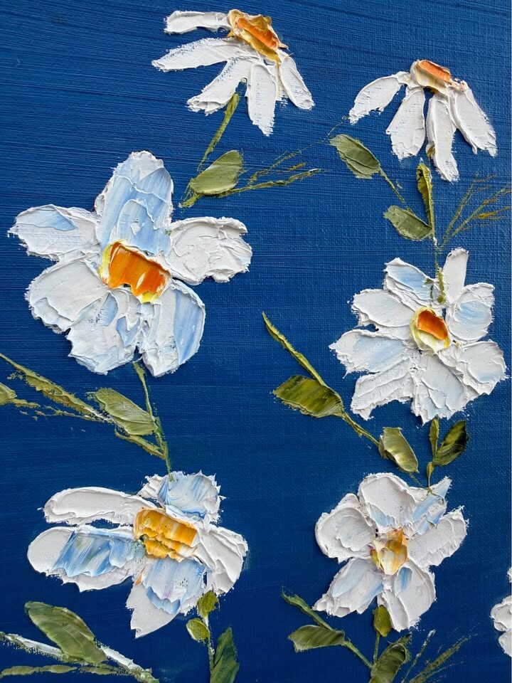 Large Vintage 1970s Floral Oil Painting Signed Anna Morrison - Blue Daisies - photo 3