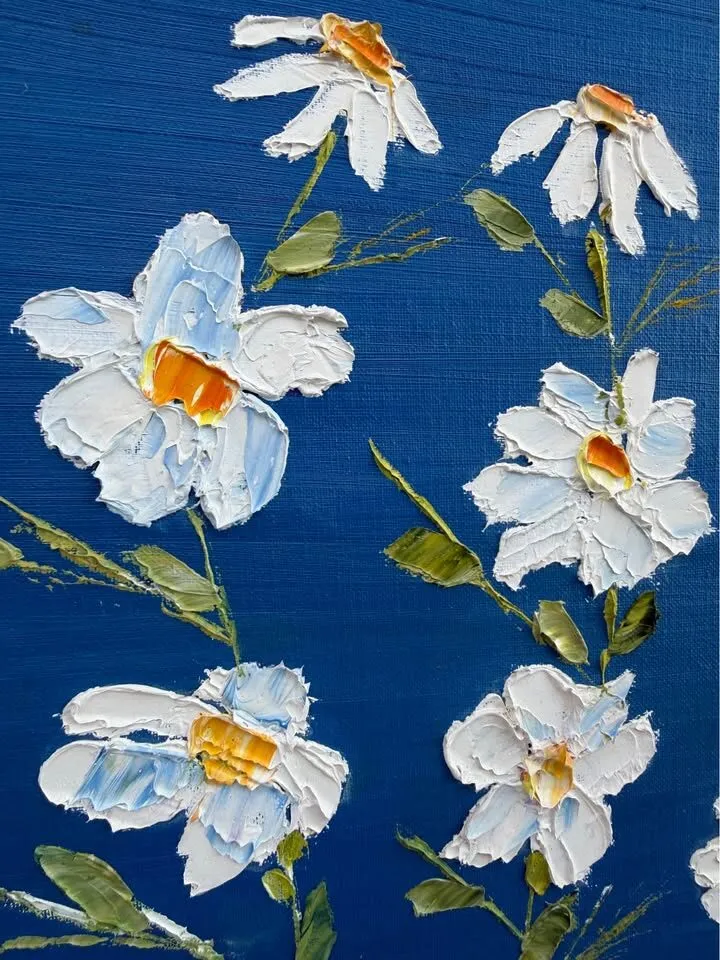 Large Vintage 1970s Floral Oil Painting Signed Anna Morrison - Blue Daisies - photo 3
